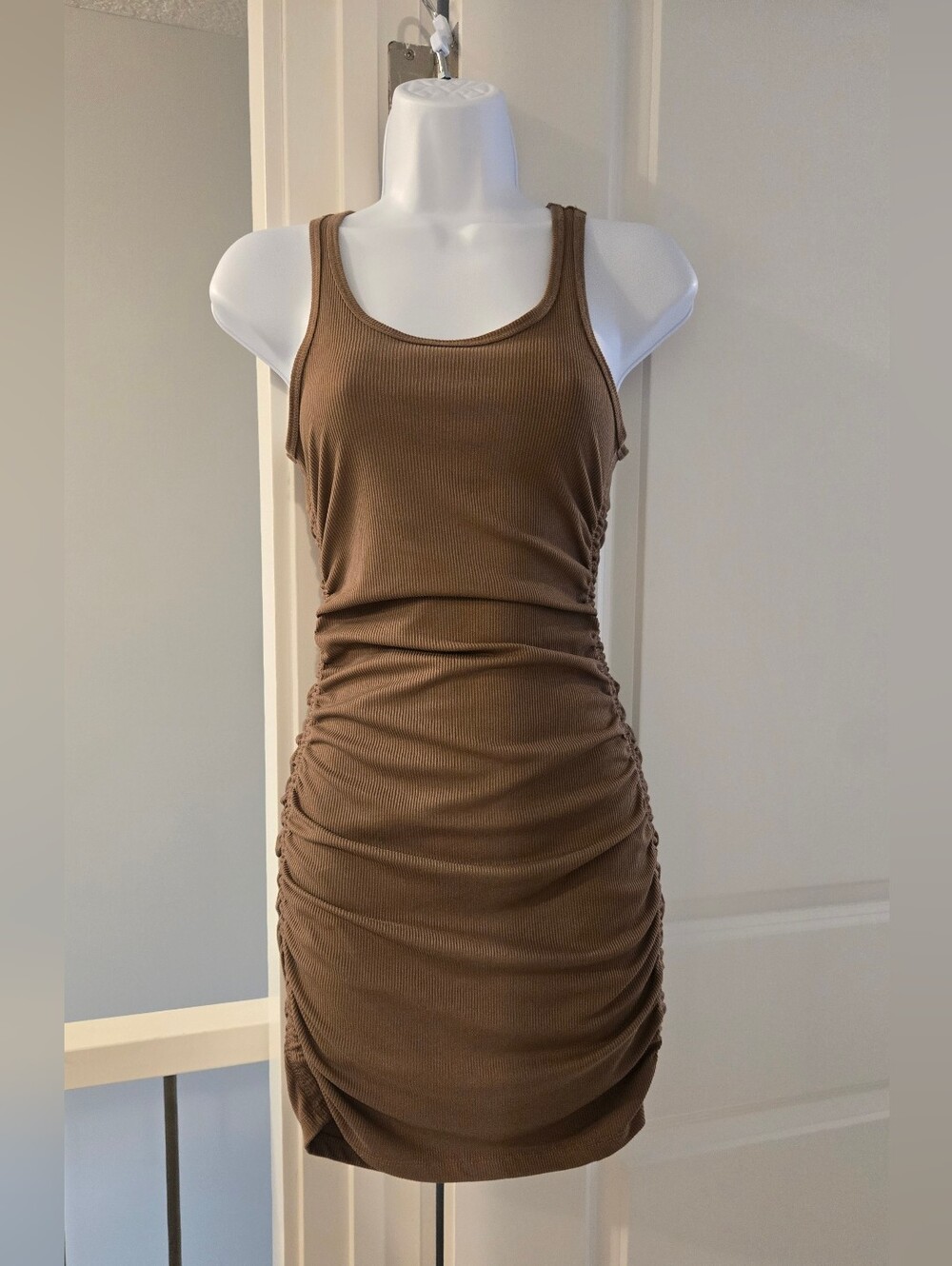 Streetwear Society Brown Ribbed Ruched Tank Mini Dress